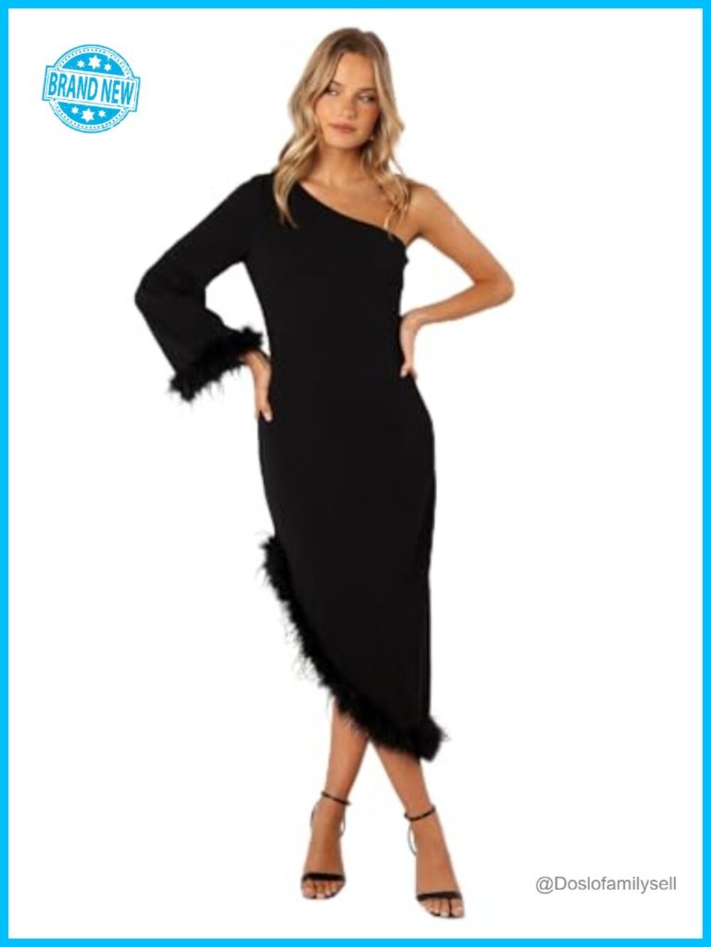One Shoulder Feather Trim Long Sleeve Midi Dress Slim Fit Formal